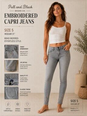 Bullhead Black Trading Co Gray Aztec Embroidered Capri Jeans Size 5 Y2K Boho